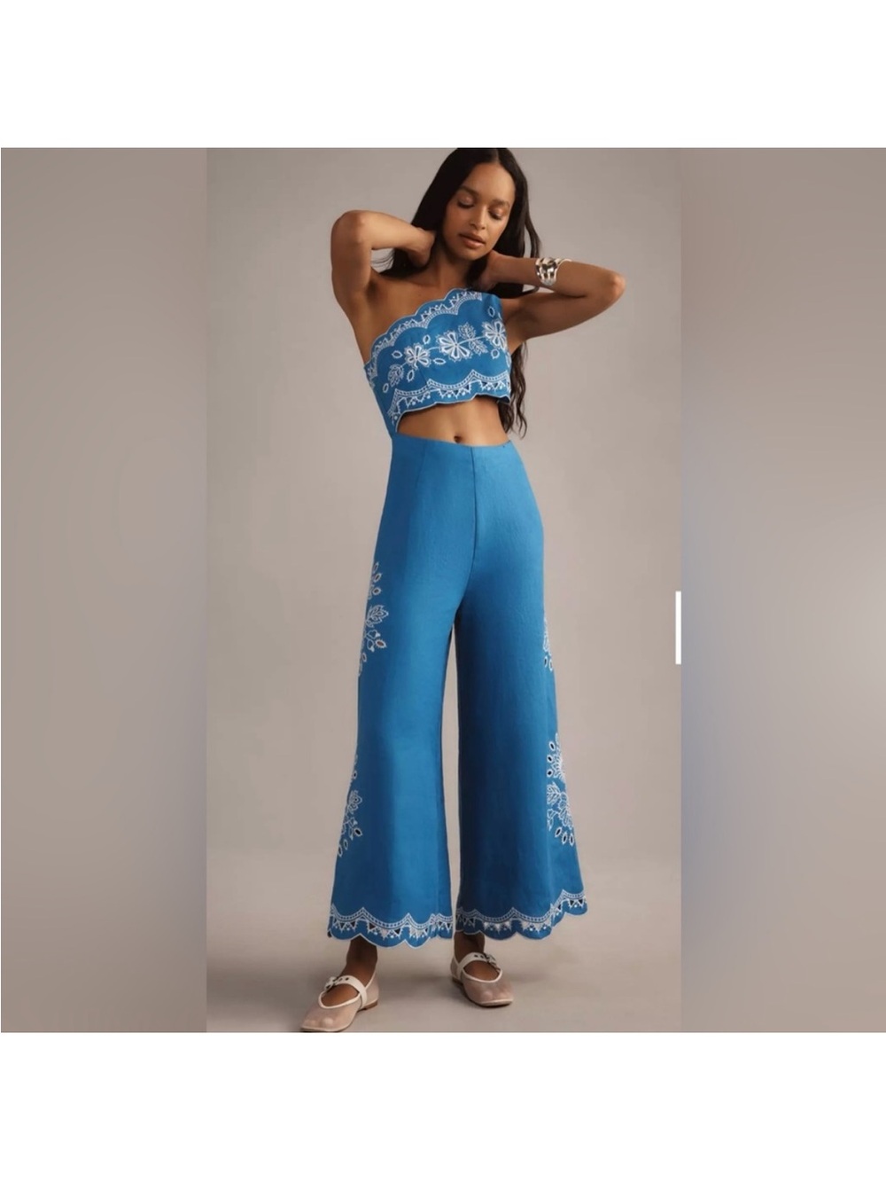 FARM Rio Blue Wide-Leg Embroidered Pants